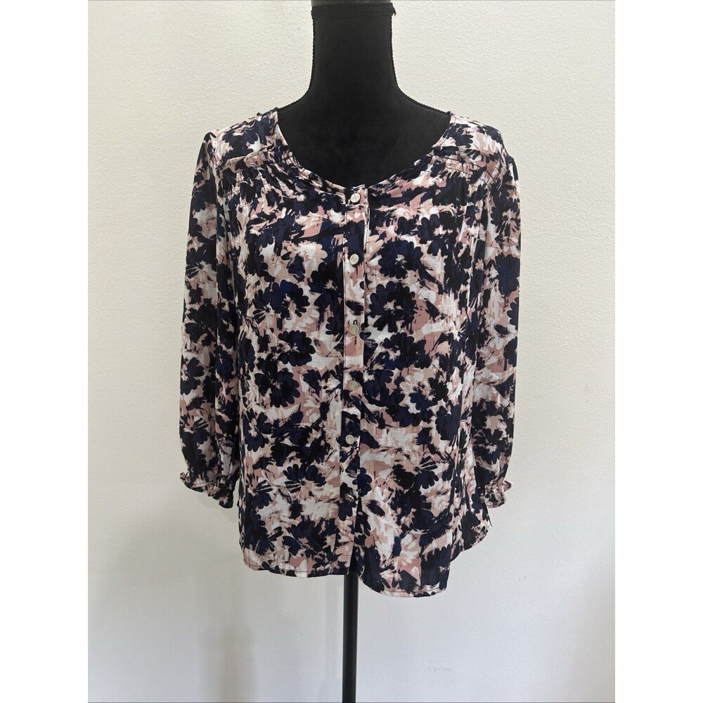 Adrienne Vittadini Womens Sz S Button Up 3/4 Sleeve Blue/Multi Floral